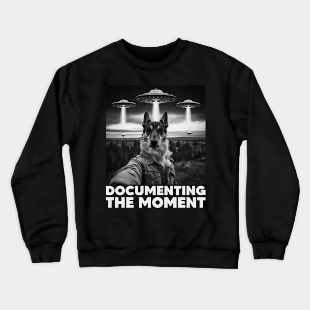 Selfie of Dog And Aliens UFO, Documenting The Moment, Funny Dog Crewneck Sweatshirt by Megadorim